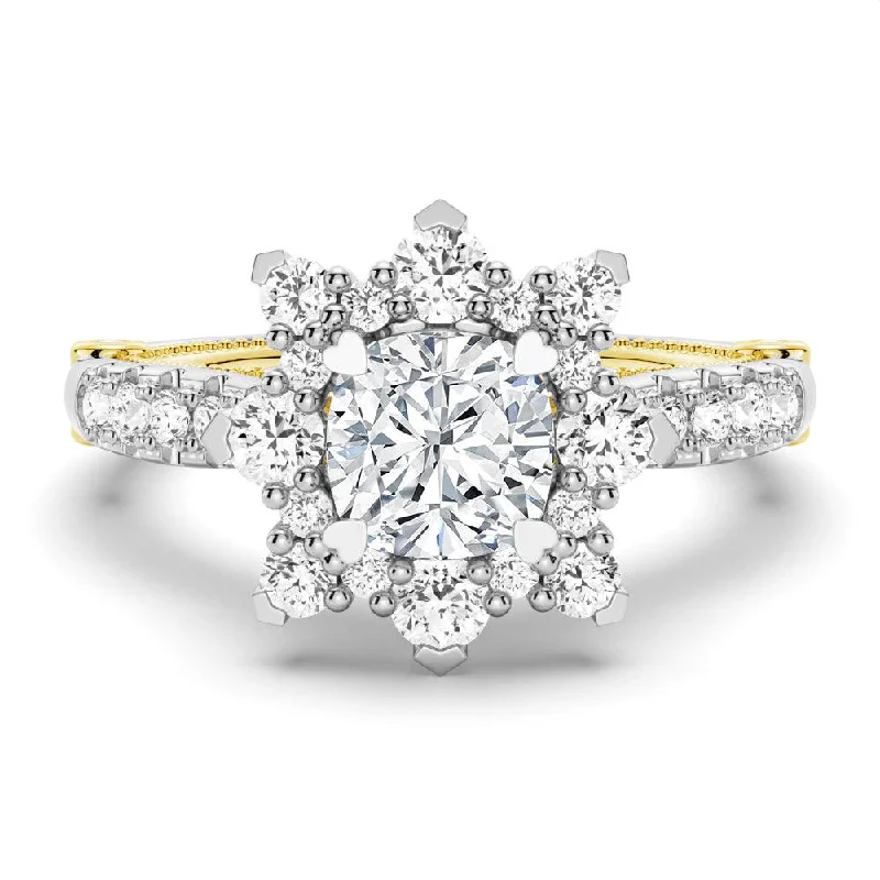 1 CT. Vintage Inspired Two-Tone Cushion Halo Moissanite Engagement Ring