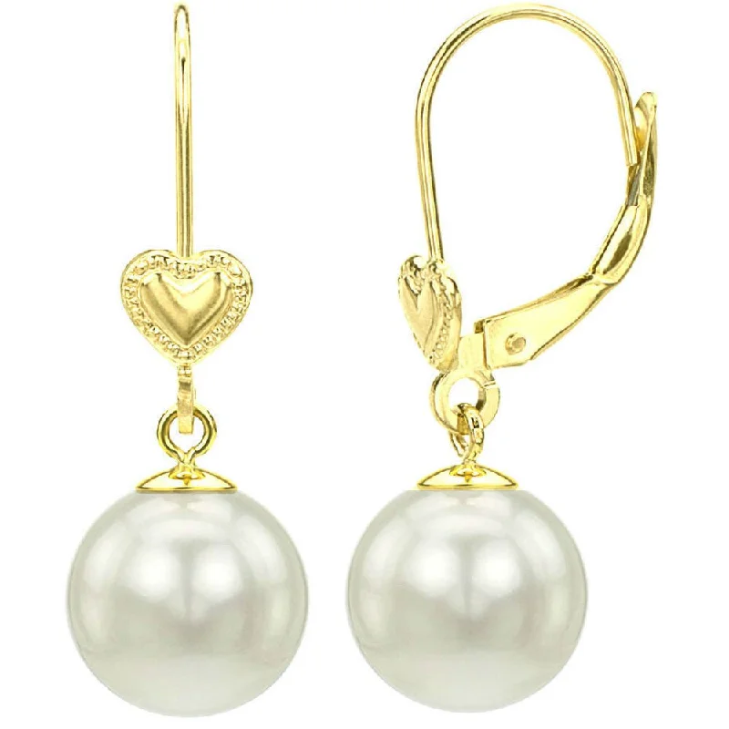 DaVonna 14k Yellow Gold White Cultured Pearl Heart Earrings with Gift Box