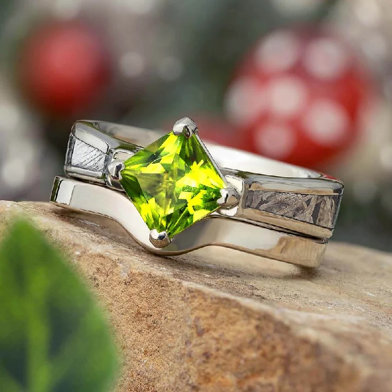 Peridot Bridal Set, Meteorite Engagement Ring With Matching Band