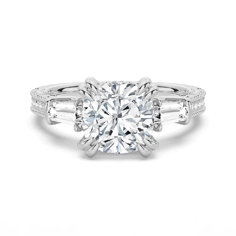 Cushion Cut Moissanite Filigree with Baguettes Vintage Engagement Ring