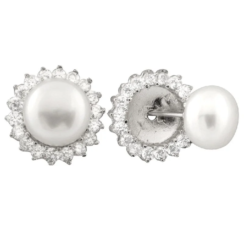 Sterling Silver Freshwater Pearl and Cubic Zirconia Halo Stud Earrings (8-9mm)