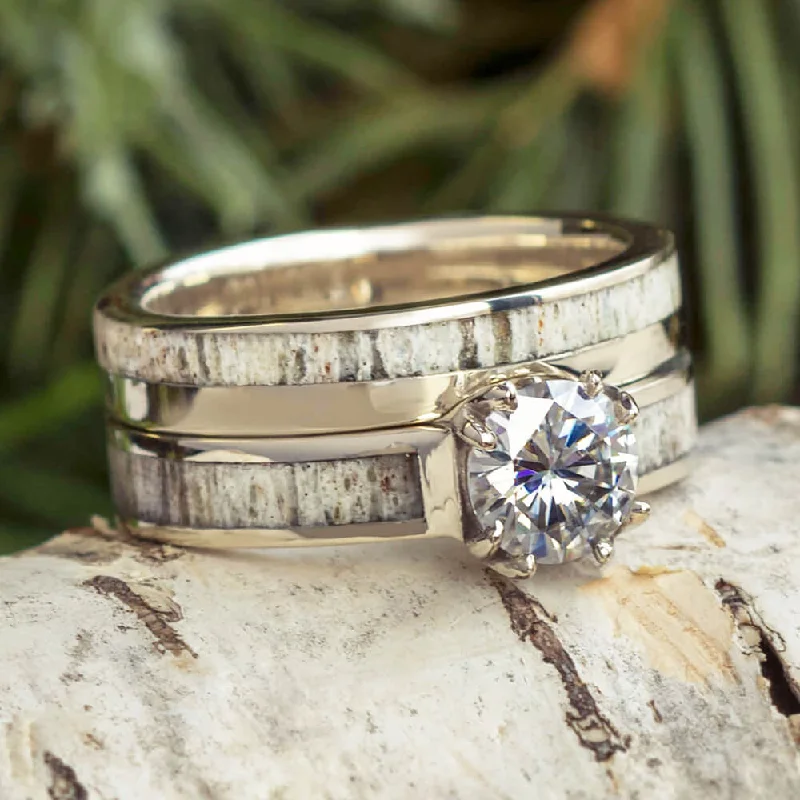 Moissanite Bridal Set: Deer Antler Engagement Ring with Wedding Band