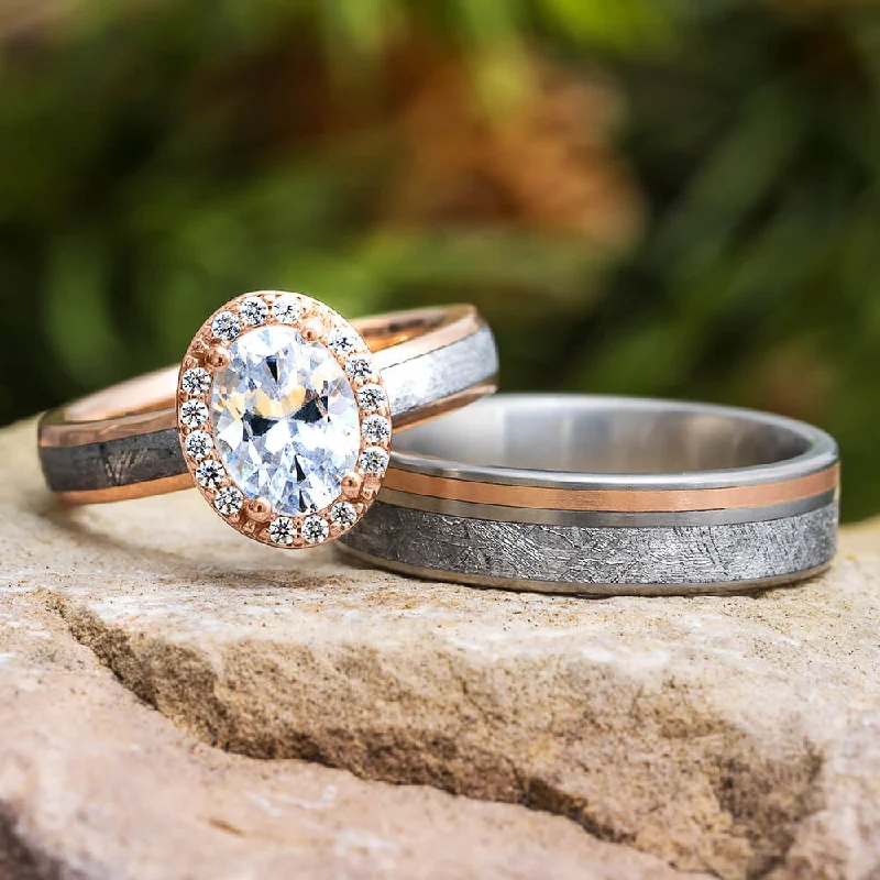 Meteorite and Gold Wedding Ring Set with Oval Halo Engagement Ring