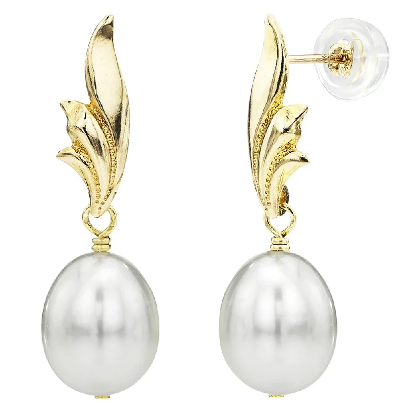 DaVonna 14k Yellow Gold Leaf Shape 8-9mm Long Shape White Freshwater Cultured Pearl Dangle Stud Earrings