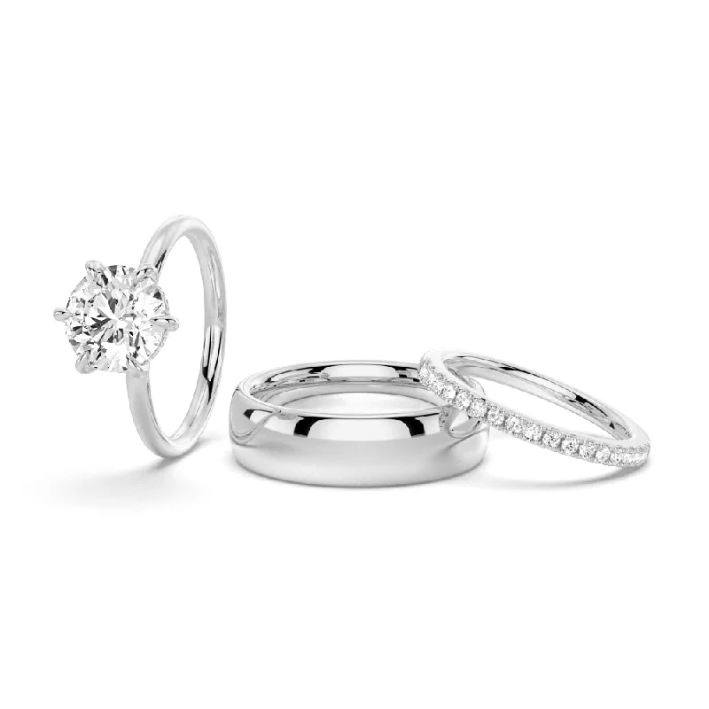 Six-Prong Solitaire Moissanite Couple's Ring Set with Men's Wedding Band