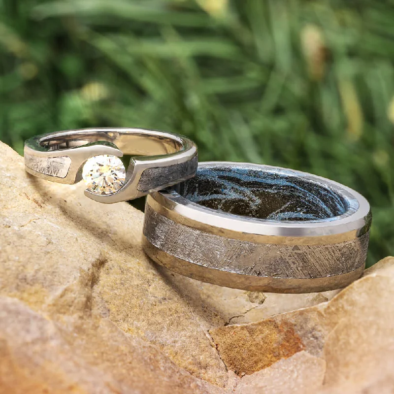 Meteorite Wedding Ring Set with Tension Set Engagement Ring