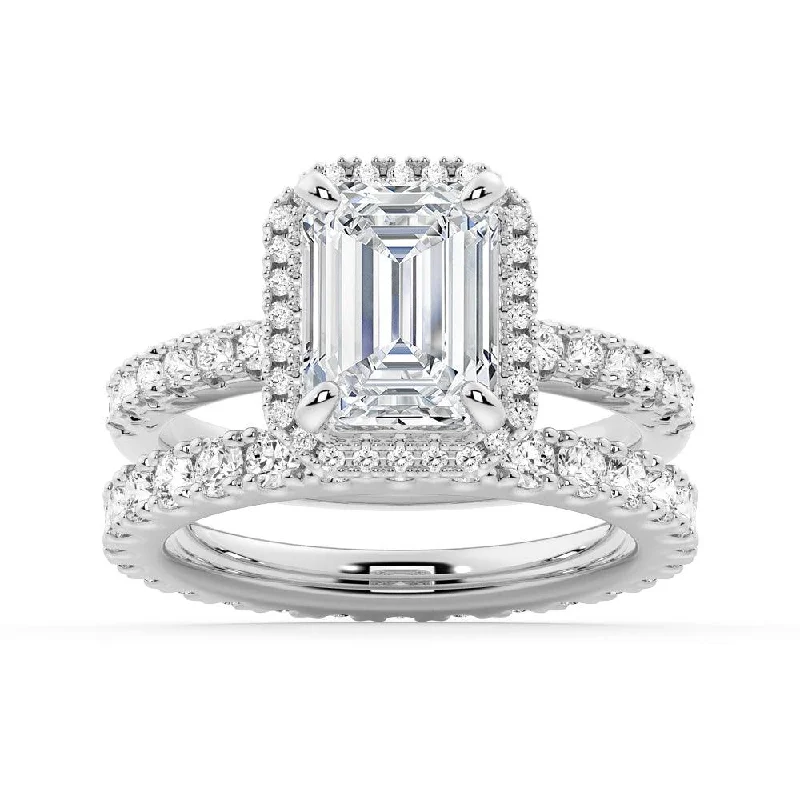 Emerald Cut Halo Moissanite Ring Set with Matching Wedding Band