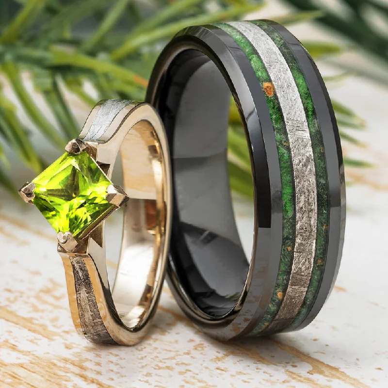 Green Wedding Ring Set With Peridot Engagement Ring And Meteorite