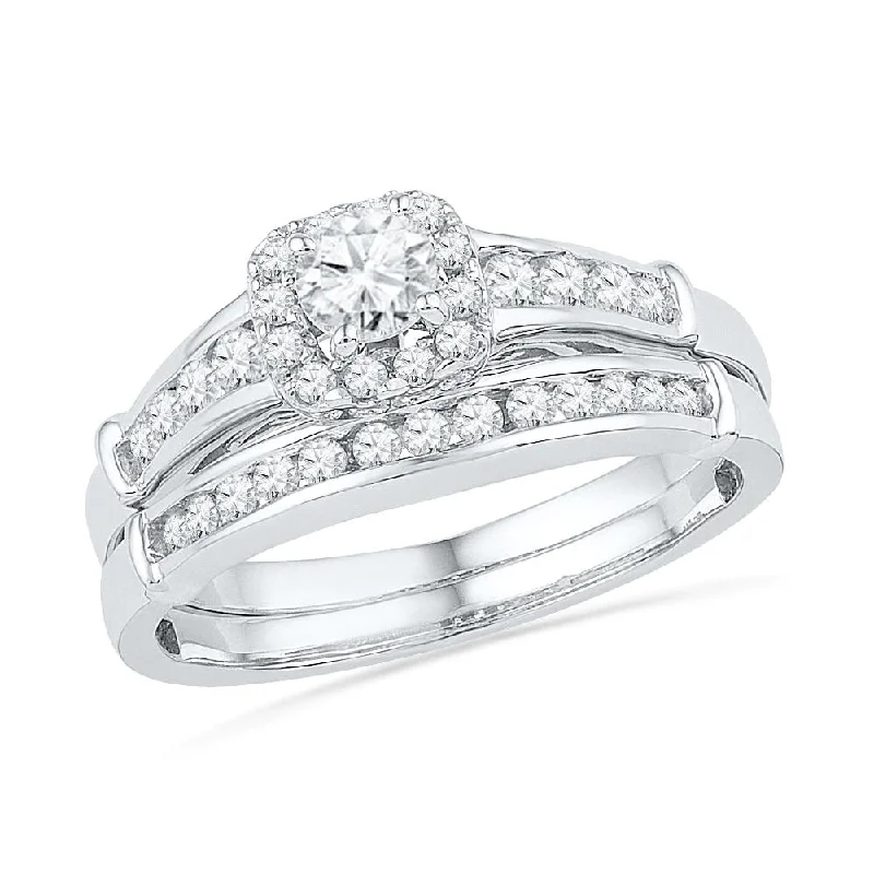 Diamond Halo Bridal Set, Engagement Ring & Band