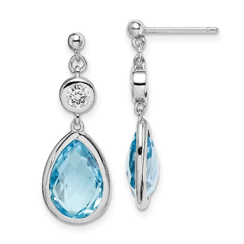 Curata 925 Sterling Silver Rhodium Plated White and Blue Topaz Post Long Drop Dangle Earrings - 28x10.5mm Wide