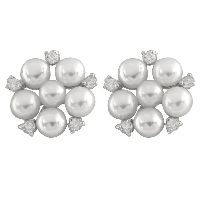 Sterling Silver Cubic Zirconia and Freshwater Pearl Cluster Stud Earrings