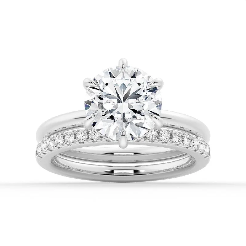 Six-Prong Solitaire Hidden Halo Moissanite Ring Set with Matching Wedding Band