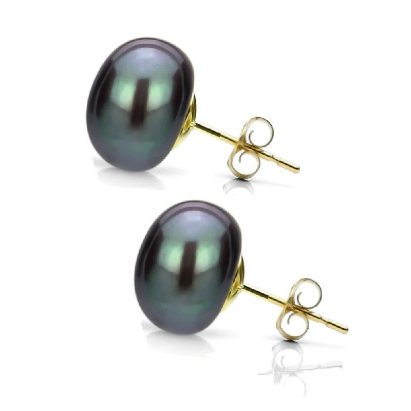 DaVonna 14k Yellow Gold Black FW Pearl Stud Earrings (9-10 mm)