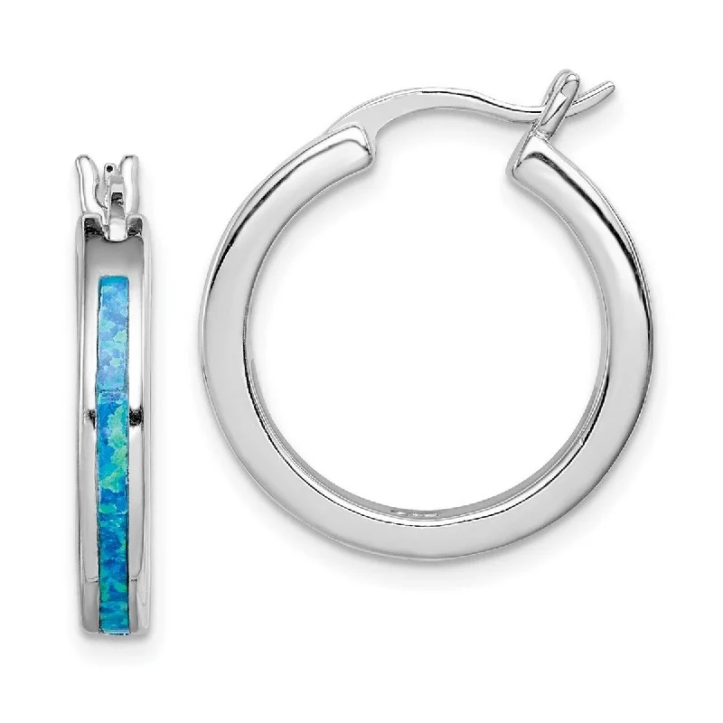 Curata 925 Sterling Silver Polished Created Blue Simulated Opal Inlay Hoop Earrings 23x4mm