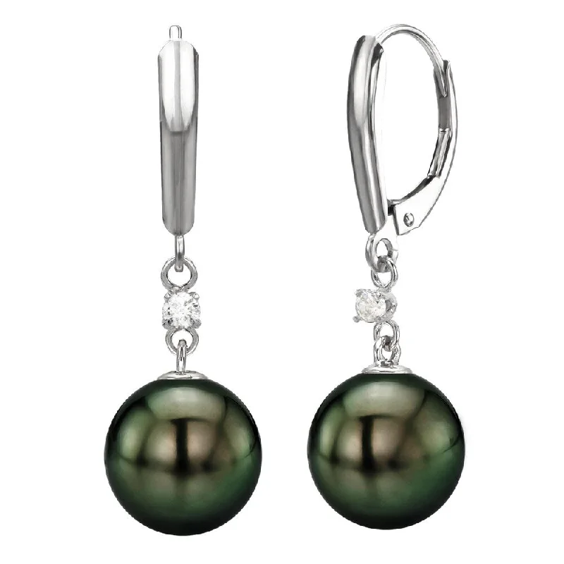 DaVonna 14k White Gold 1/10cttw diamond Black Tahitian Pearl Lever-back Earrings