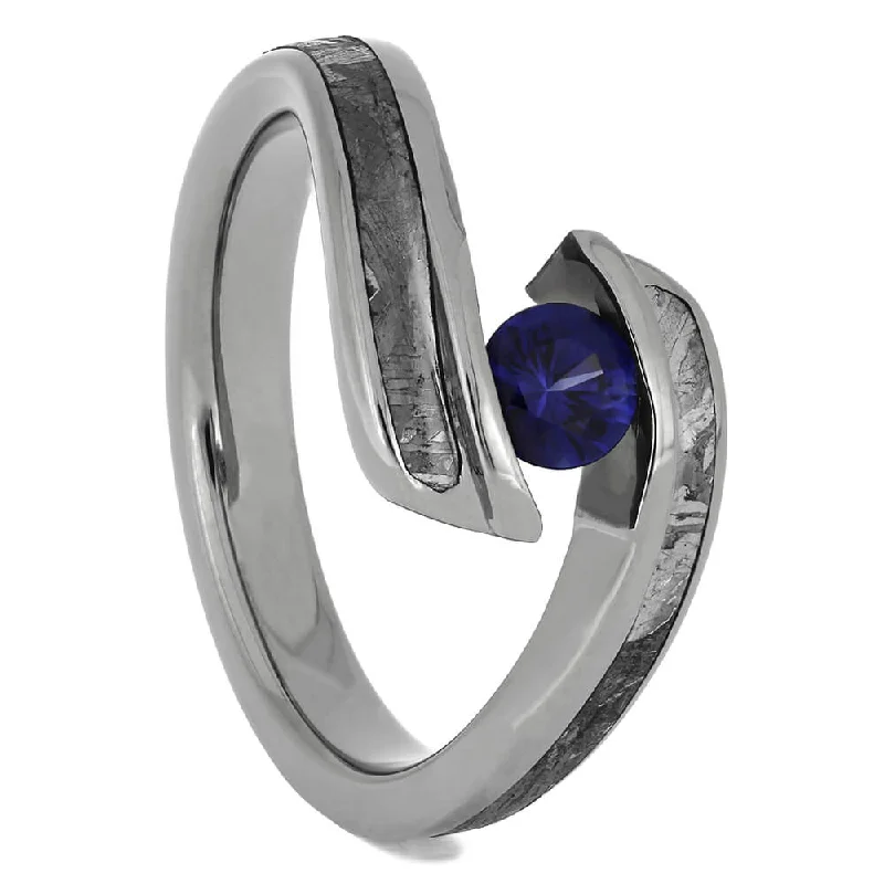 Blue Sapphire Engagement Ring with Genuine Meteorite