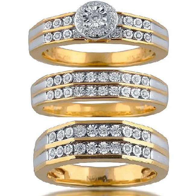 3/8 CTW Diamond Halo Wedding Trio Set in 10KT White and Yellow Gold