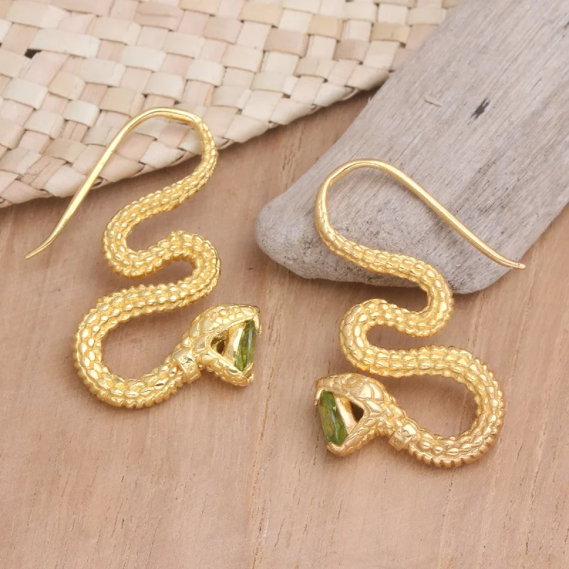 Novica Handmade Green Striking Snake Gold-Plated Peridot Drop Earrings