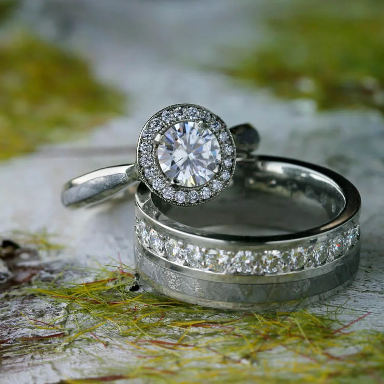 Meteorite Wedding Ring Set, Halo Engagement Ring With Eternity Band