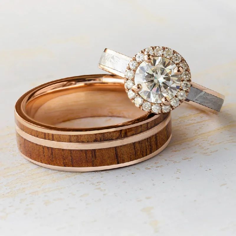 Nature Wedding Ring Set, Halo Engagement Ring & Wooden Wedding Band