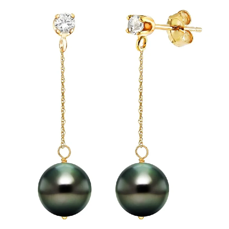 DaVonna 14K Gold 1/10cttw Diamond Black Tanhitian South Sea Pearl Stud Dangle Earrings