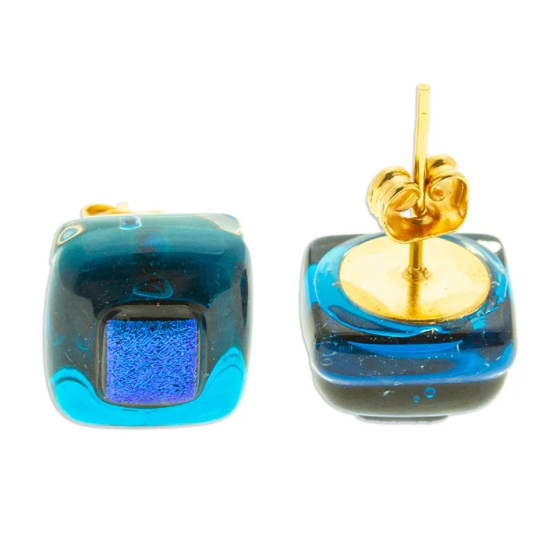 Novica Handmade Blue Dichroic Fused Glass Mosaic Stud Earrings