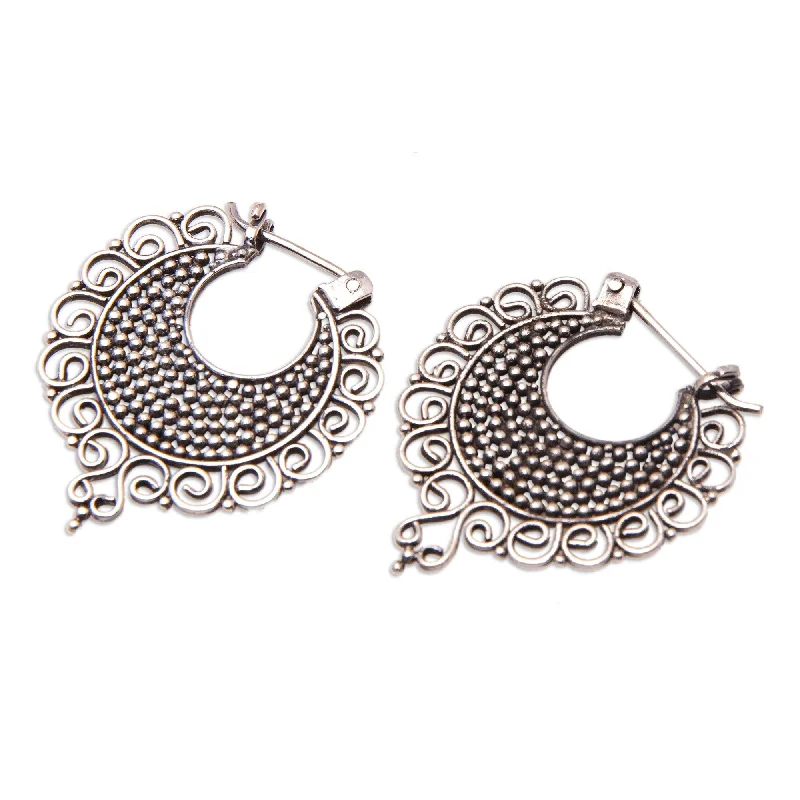 Novica Handmade Gianyar Majesty Sterling Silver Hoop Earrings