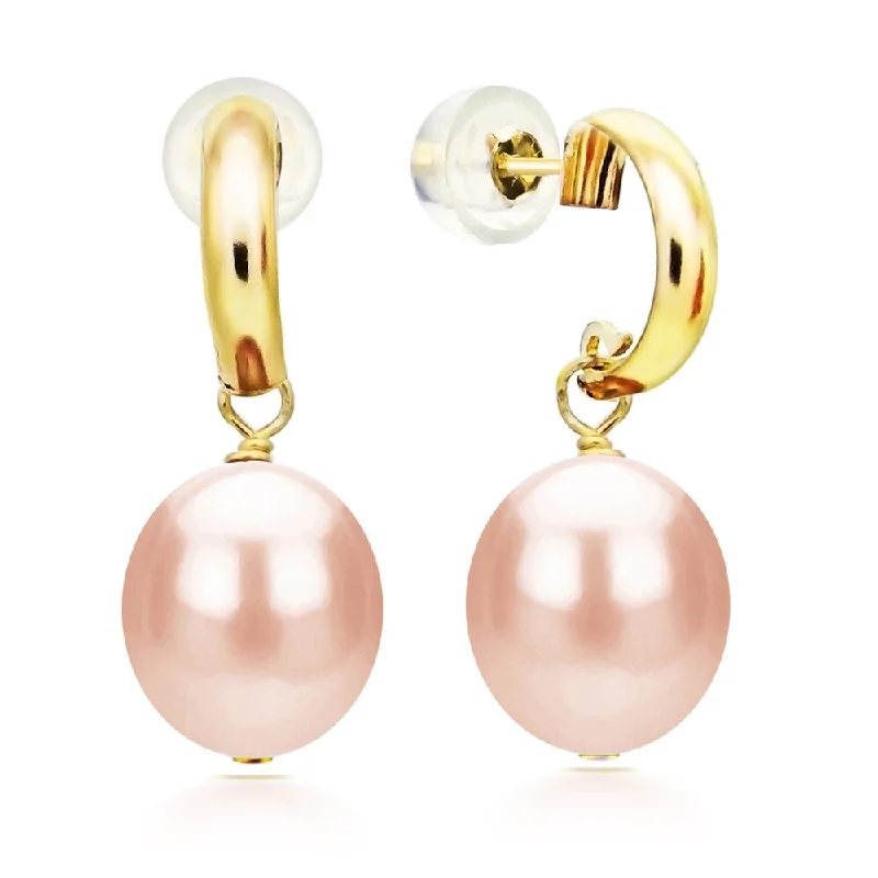 DaVonna 14k Yellow Gold 'C' Shape 8-9mm Long Shape Pink Freshwater Cultured Pearl Dangle Stud Earrings