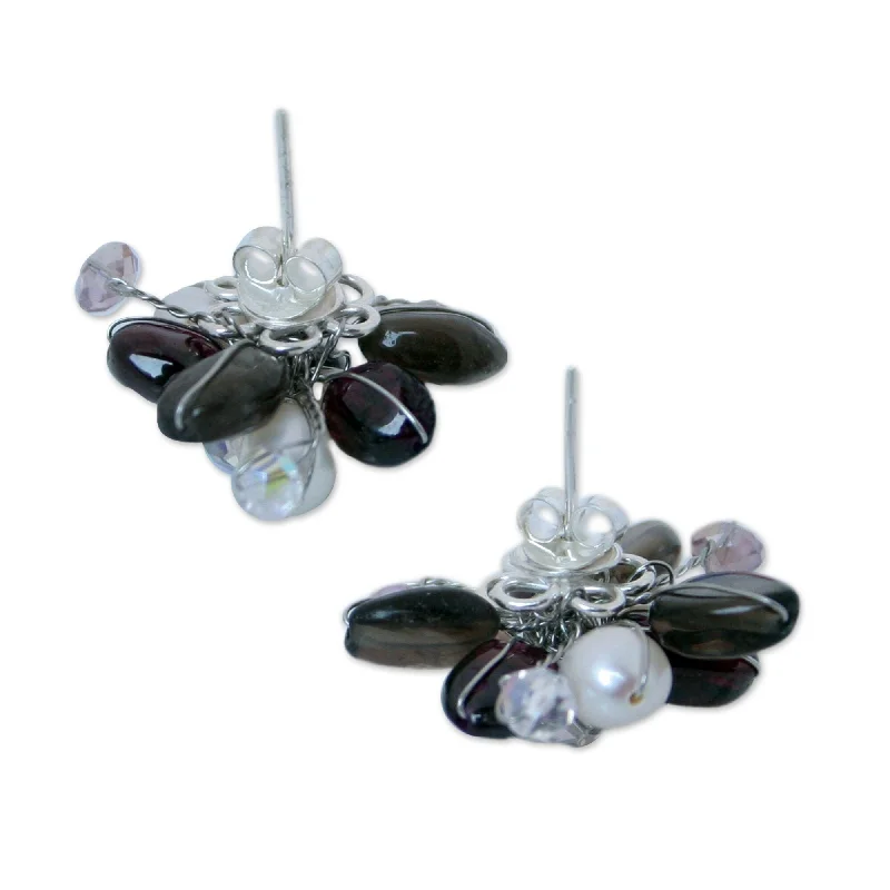 Garnet Quartz 'Night Blossom' Pearl Earrings (6 mm) (Thailand)