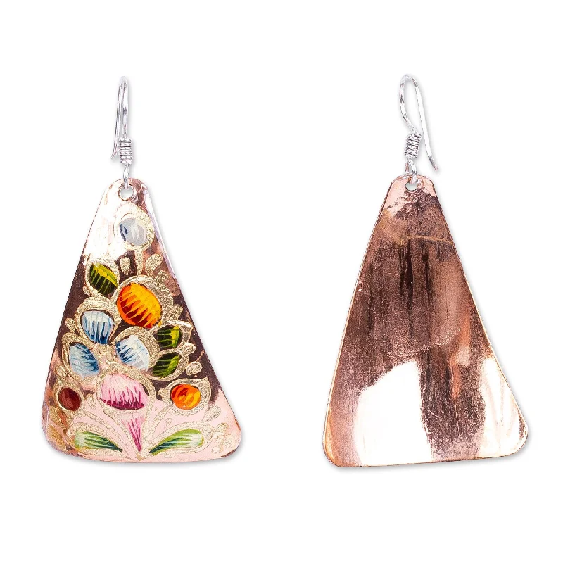 Novica Handmade Floral Pyramid Copper Dangle Earrings