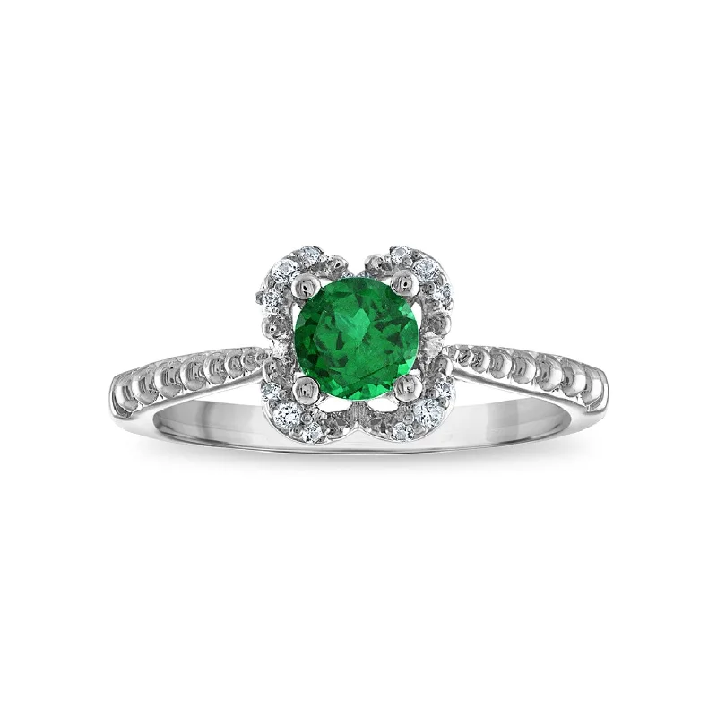 5MM Round Emerald and White Sapphire Birthstone Flower Halo Ring in Sterling Silver