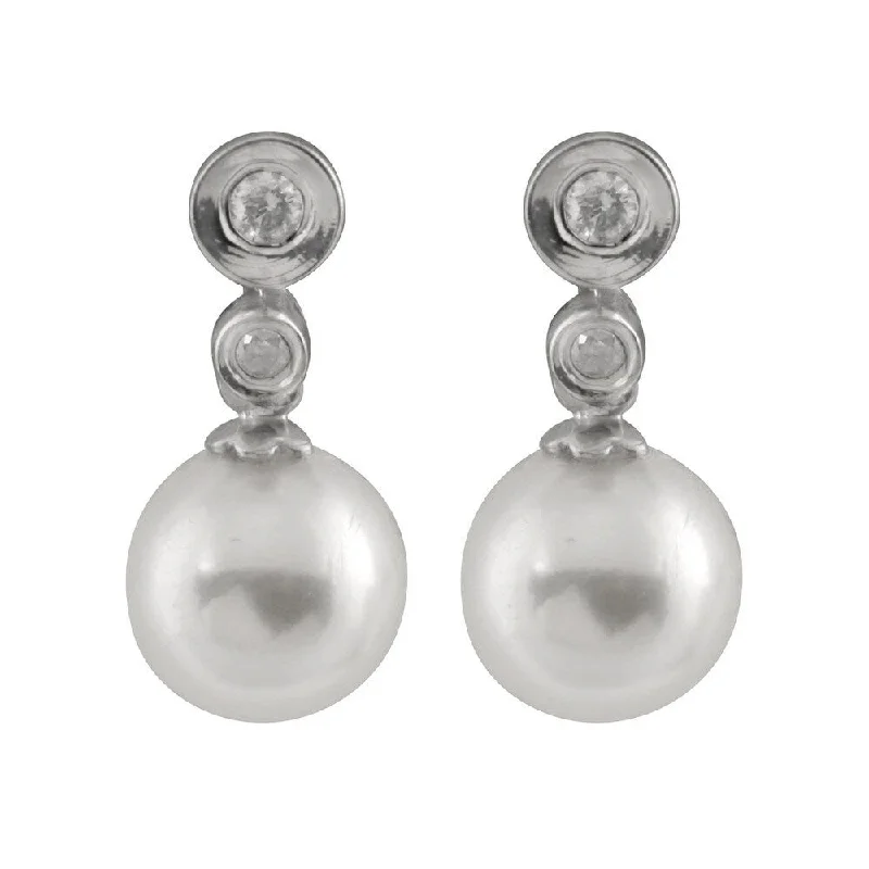 14k White Gold Double Bezel-set Diamond Accent and Pearl Earrings (7-8mm)