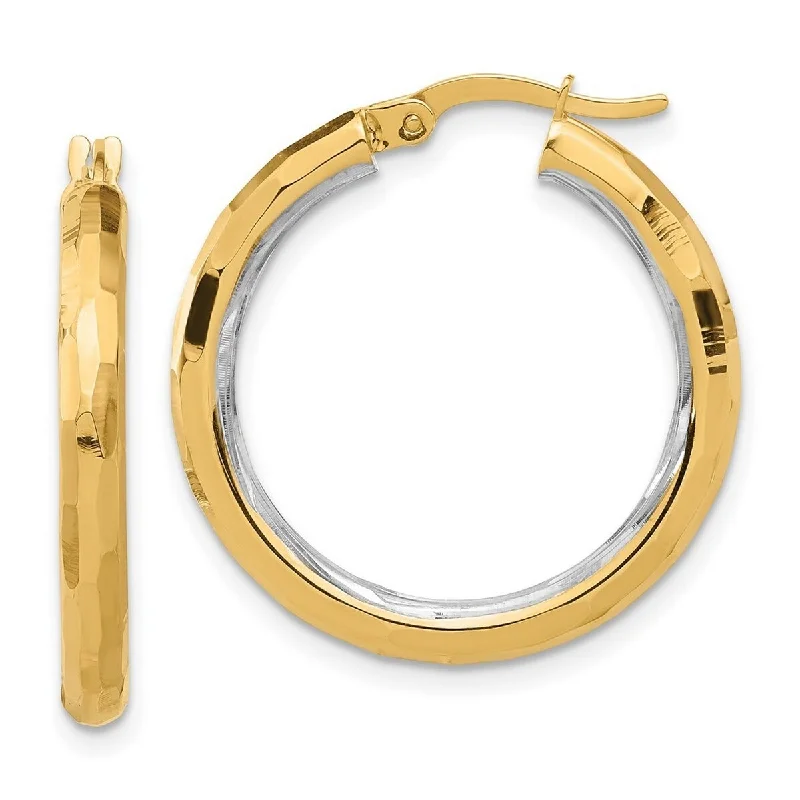 Curata 14k Yellow Gold White Rhodium Polished and Diamond cut Hoop Earrings - 27.75x26mm