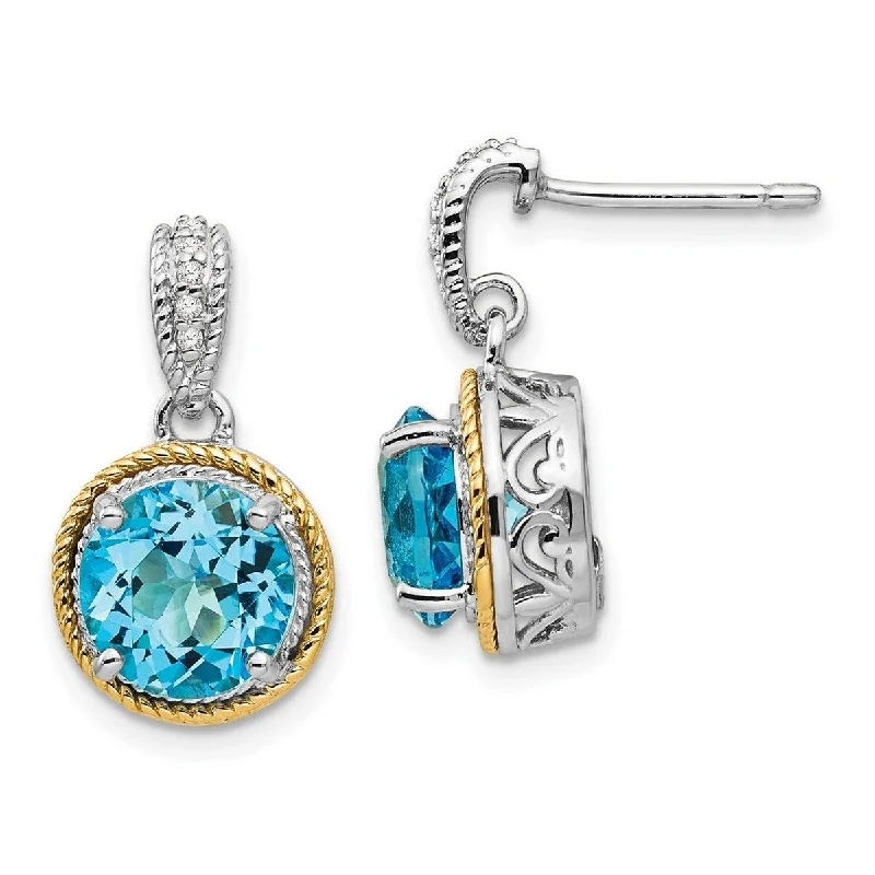 Curata 925 Sterling Silver With 14k Yellow Blue Topaz Post Long Drop Dangle Earrings 20x11mm