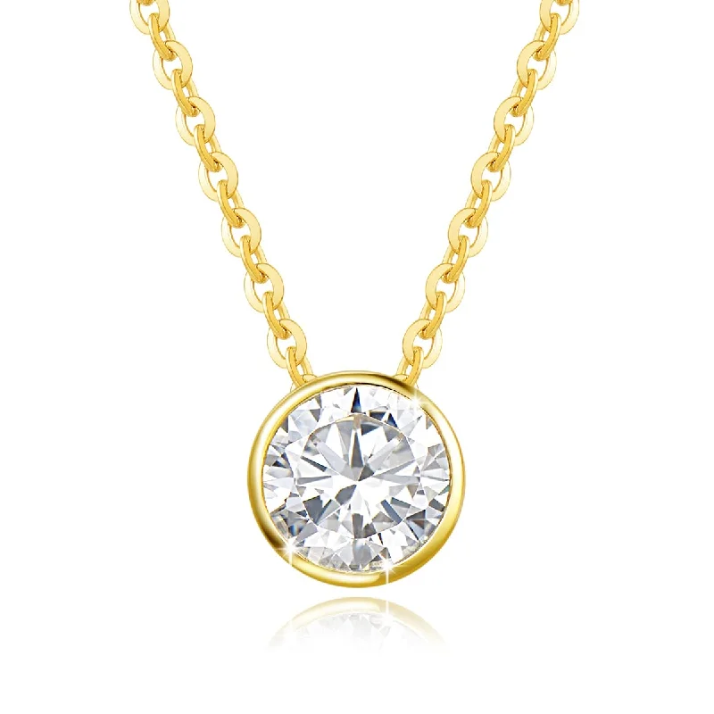 FANCIME Moissanite Bezel Set Solitaire 14K Yellow Gold Necklace