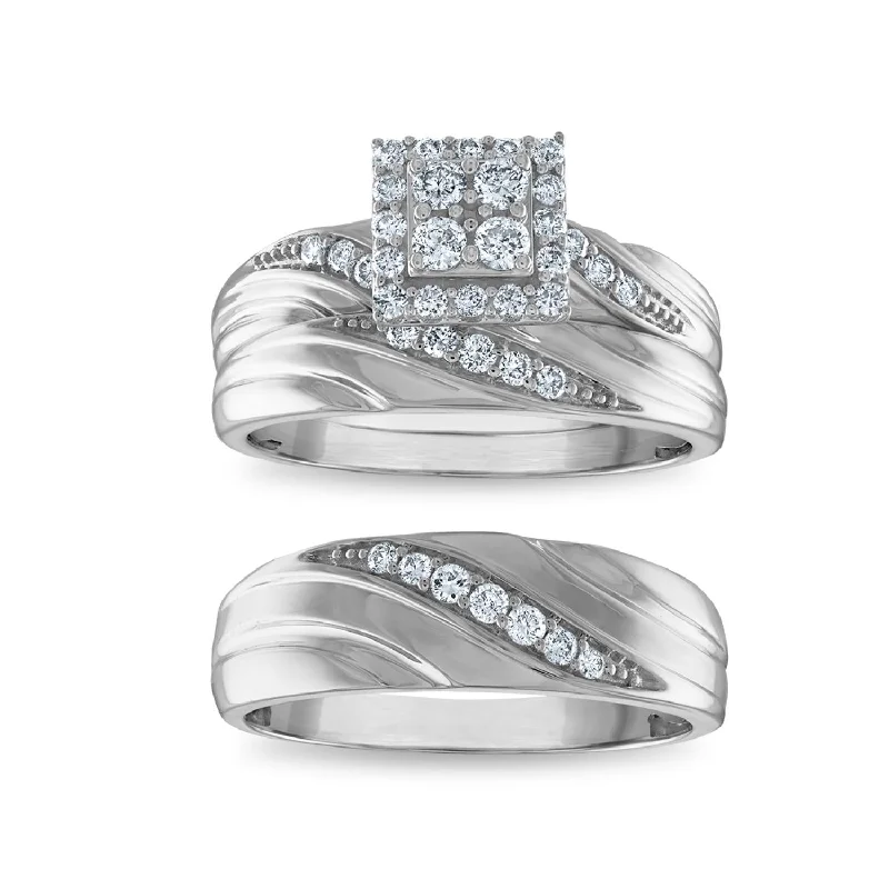 EcoLove 1/2 CTW Lab Grown Diamond Cluster Halo Wedding Trio Set in 10KT White Gold