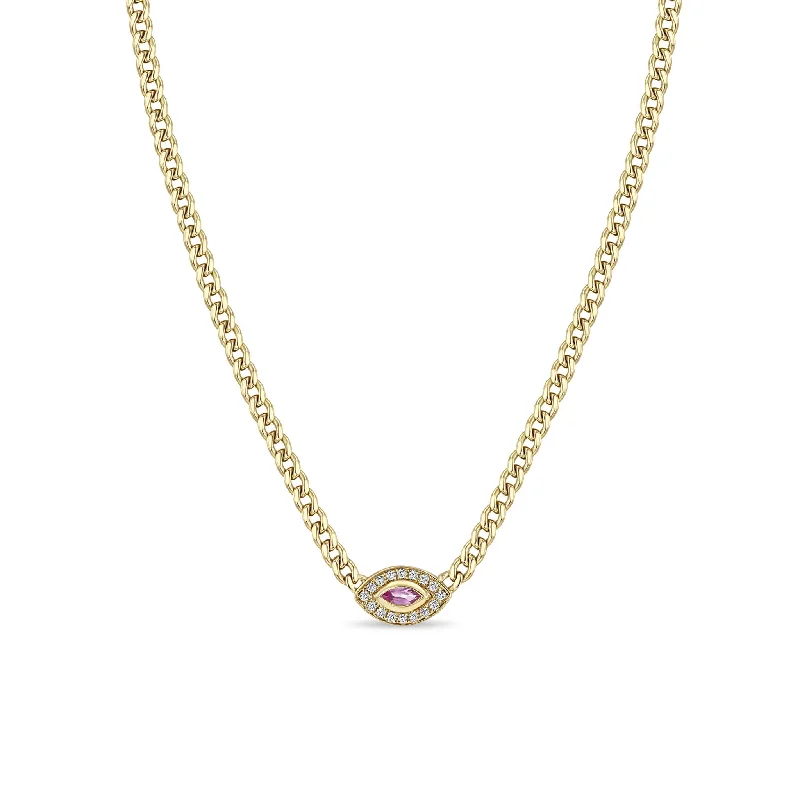 14k Small Curb Chain Marquise Pink Sapphire Halo Necklace