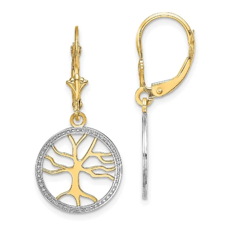 Curata 14k Yellow Gold Tree Of Life In White Round Frame Leverback Earrings - 32x14.95mm