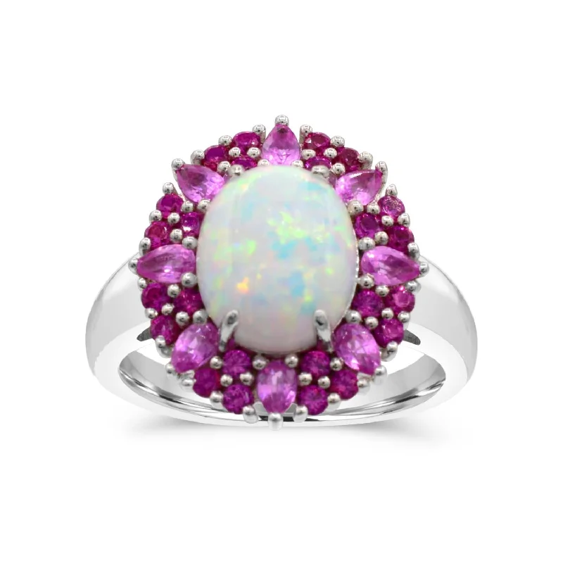 10X8MM Oval Opal and Sapphire Halo Ring in Sterling Silver