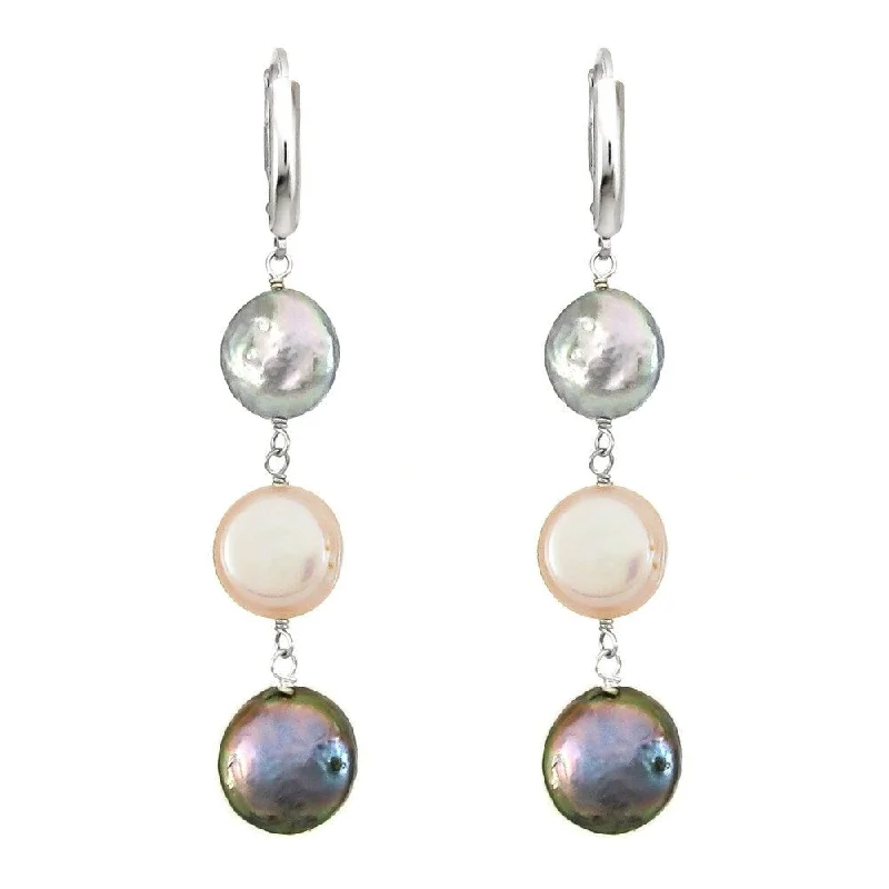 DaVonna Silver Pink Grey and Black Coin Pearl Drop Earrings (10-11 mm)