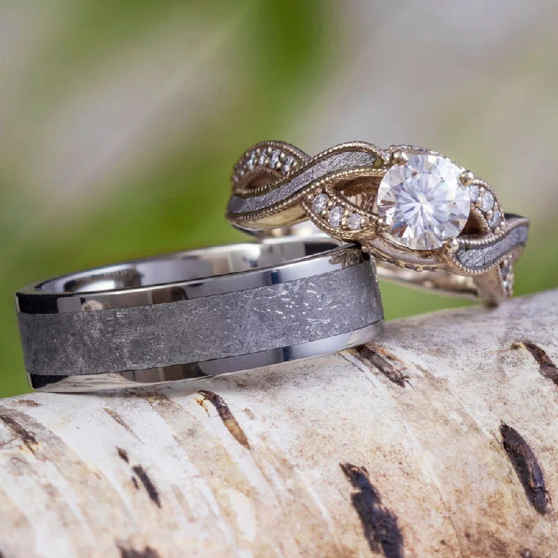 Meteorite Wedding Rings, Moissanite Engagement Ring & Wedding Band