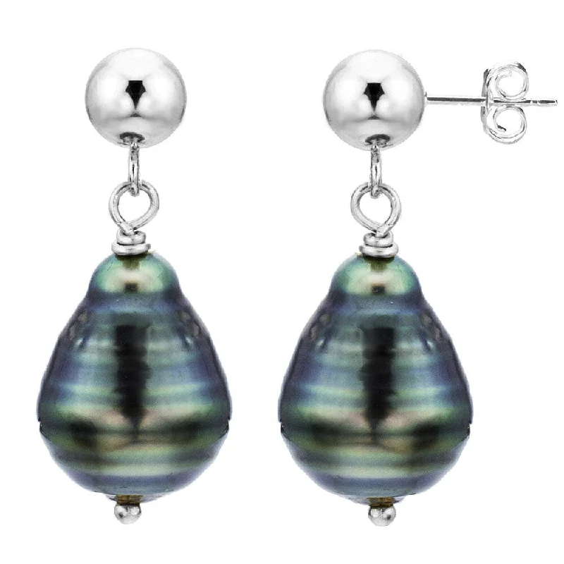 DaVonna Sterling Silver 8-10mm Off-shape Black South Sea Tahitian High Luster Pearl Stud Dangle Earrings