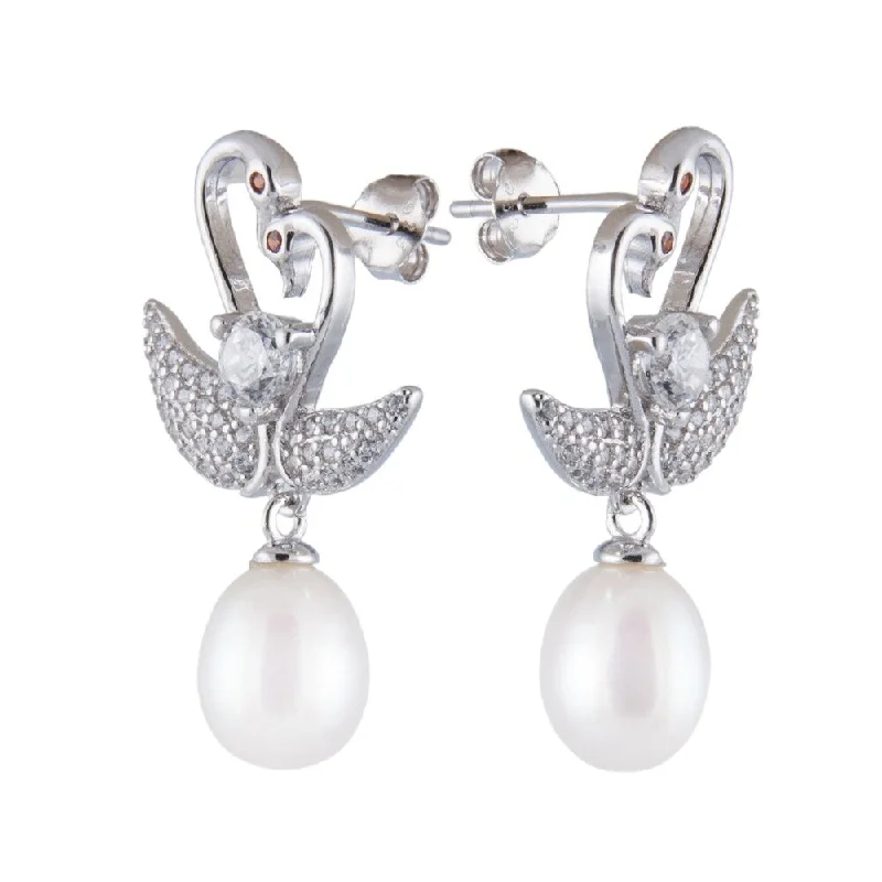 Sterling silver swan shaped earrings with dangling pearl - White