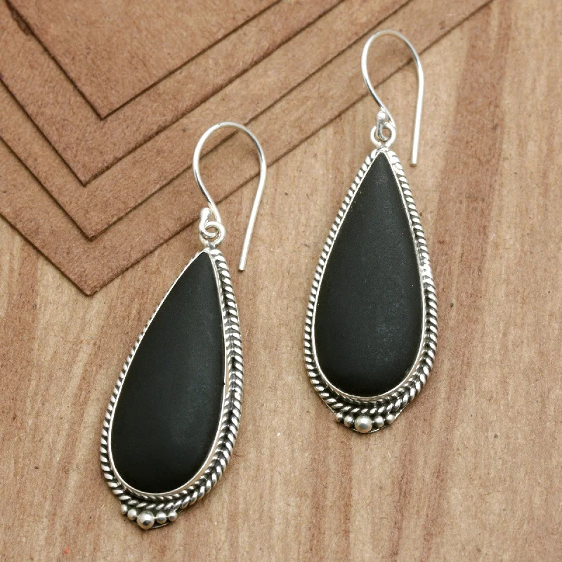 Novica Handmade Dark Drop Lava Stone Dangle Earrings