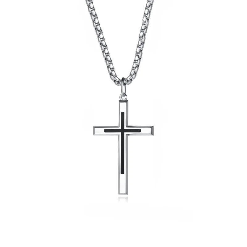 FANCIME Mens Black Highlight Cross 925 Silver Necklace