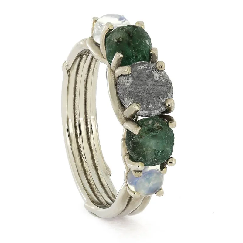 Meteorite, Emerald, and Moonstone Engagement Ring