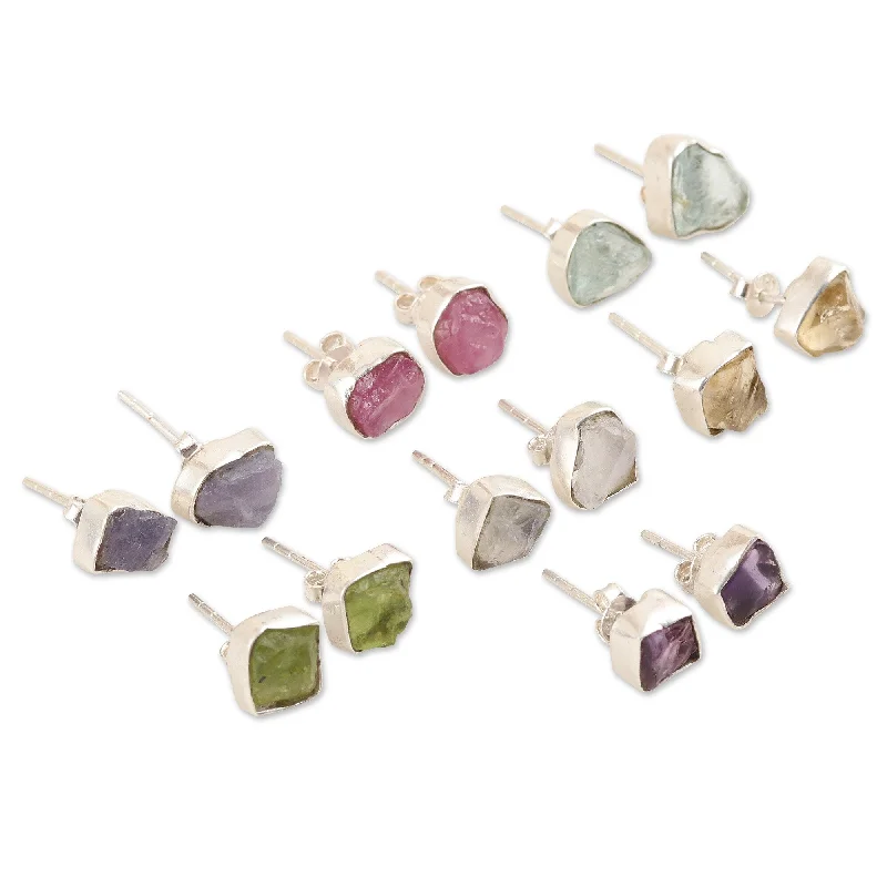 Novica Handmade Yoga Delight Gemstone Stud Earrings (Set Of 7)