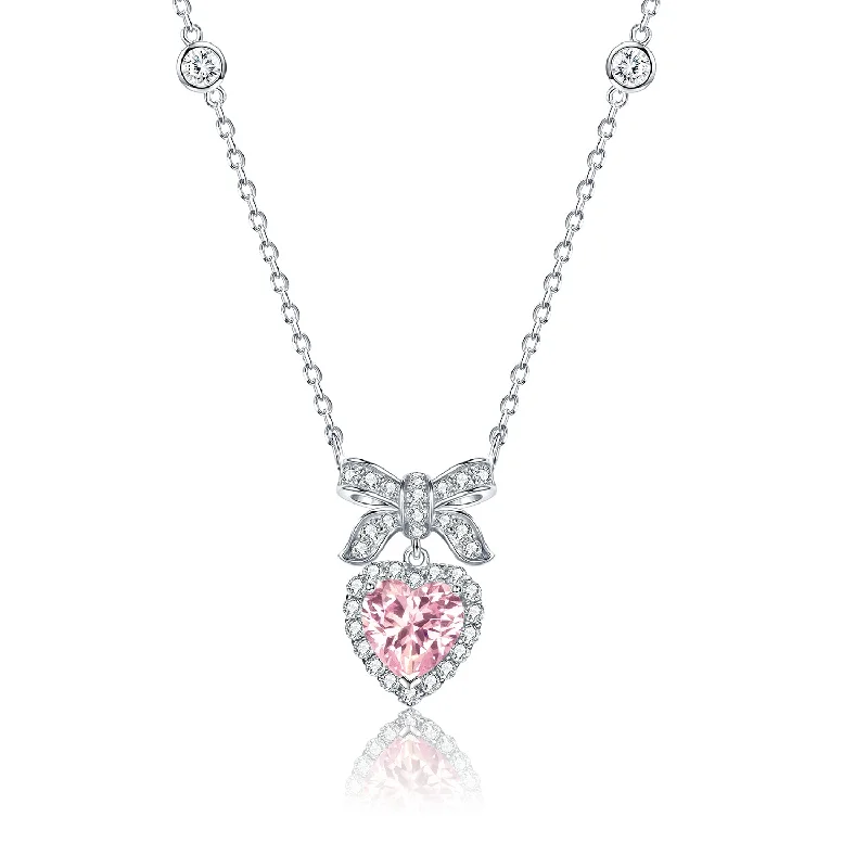 FANCIME "Heart Kiss" Sugar Bow and Heart CZ Sterling Silver Necklace