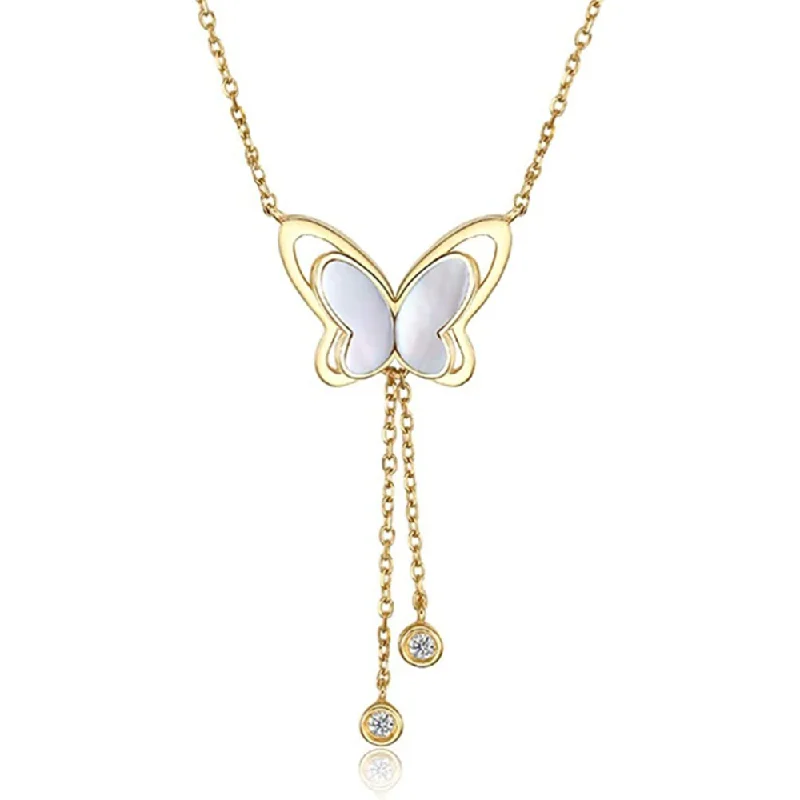 FANCIME "Twinkling Fairy Pearl" Butterfly Drop Dangling 14K Yellow Gold Necklace