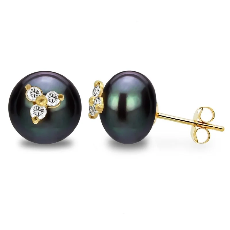 DaVonna 14k Yellow Gold CZ Flower Charms Button Shape 9-10mm Black Freshwater Pearl Stud Earrings